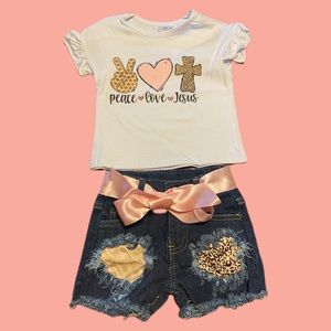 NWT 806 Girl Peace, Love and Jesus Shirt and Denim Short Set